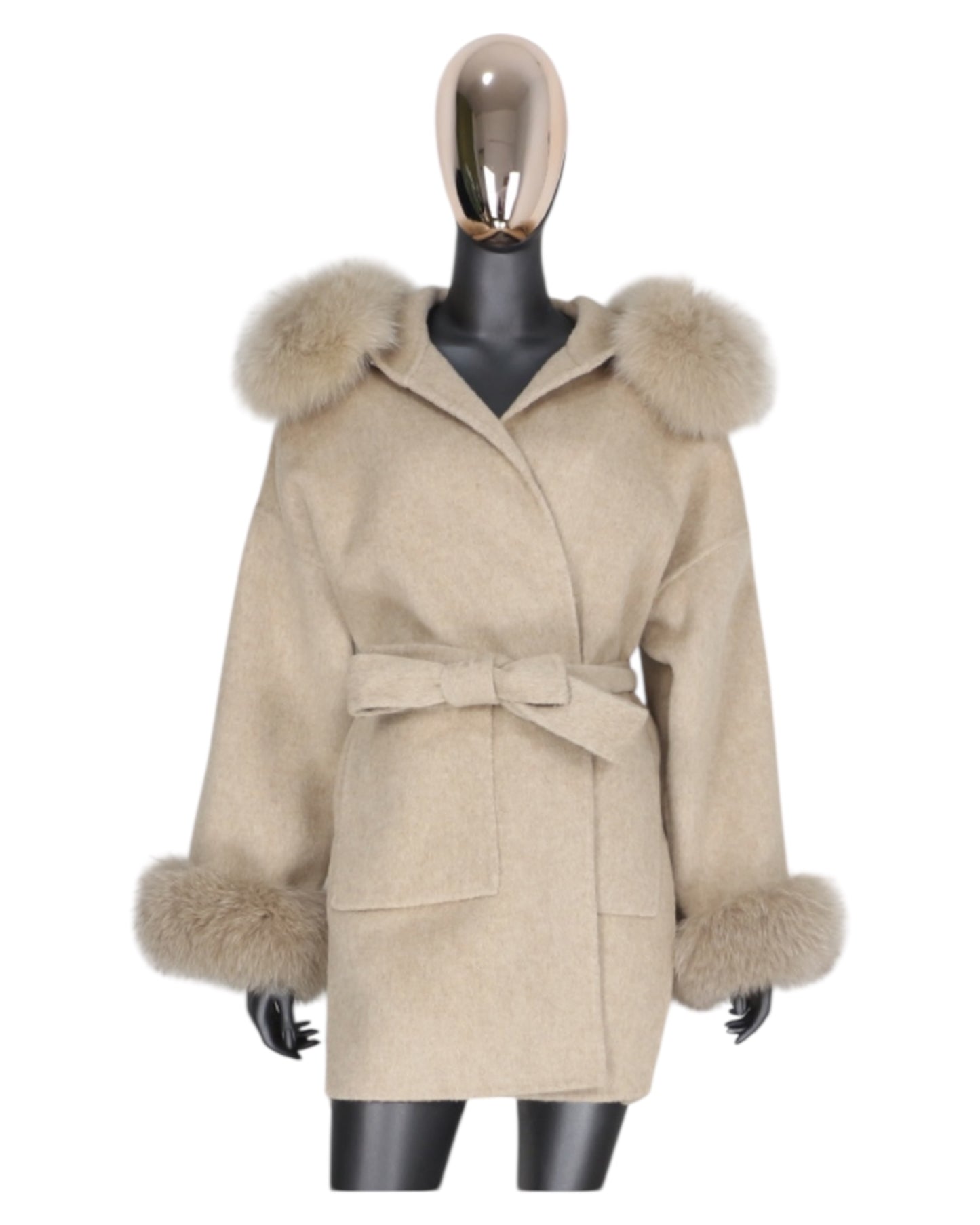 Kaschmir Mantel „Katy“ camel mit Echtpelz Kragen
