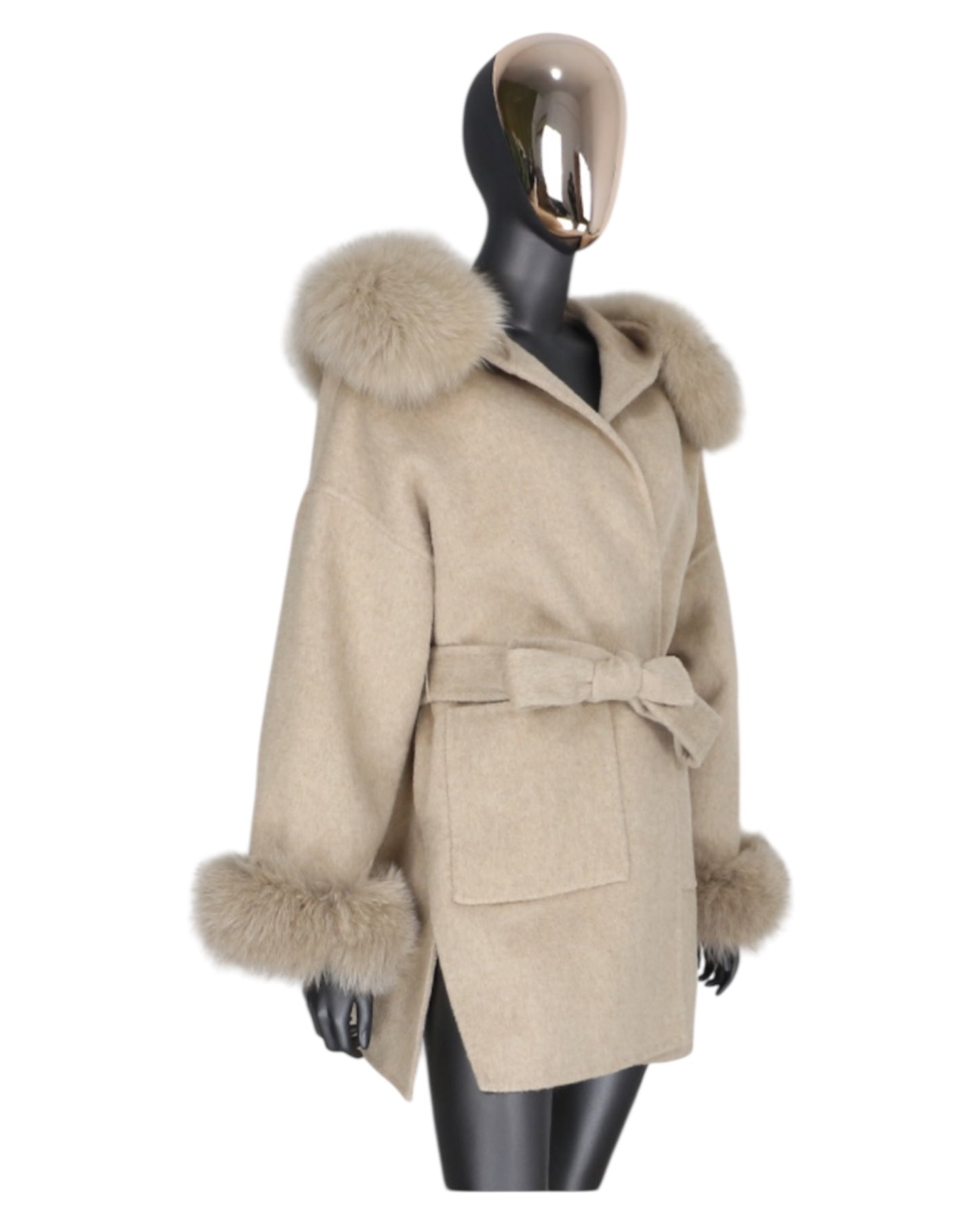 Kaschmir Mantel „Katy“ camel mit Echtpelz Kragen