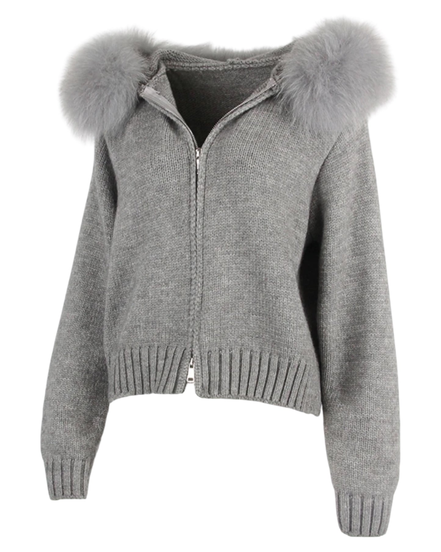 Strickhoodie "Zip" mit Echtpelz Kapuze grau