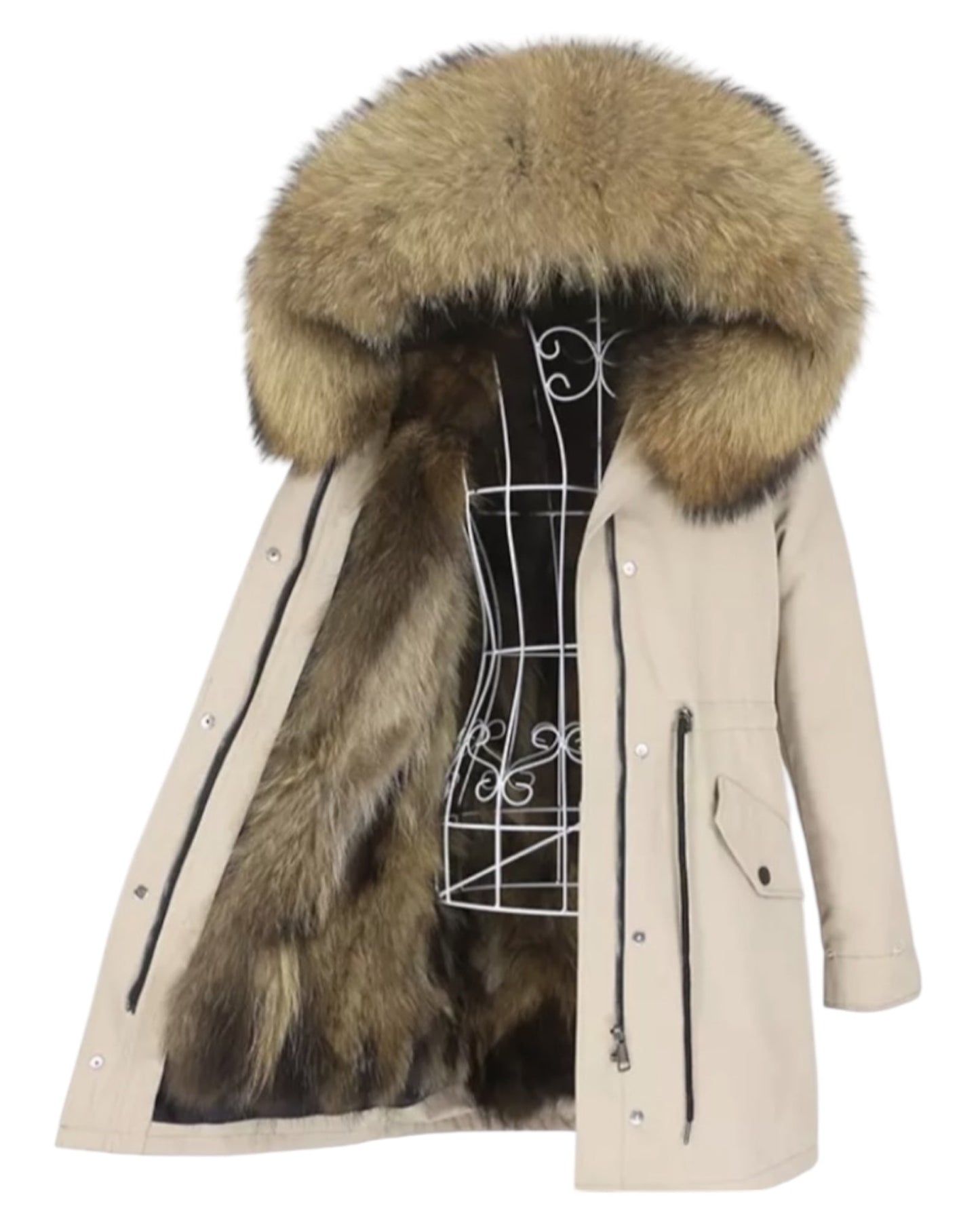 Luxury Parka Real Fur Beige