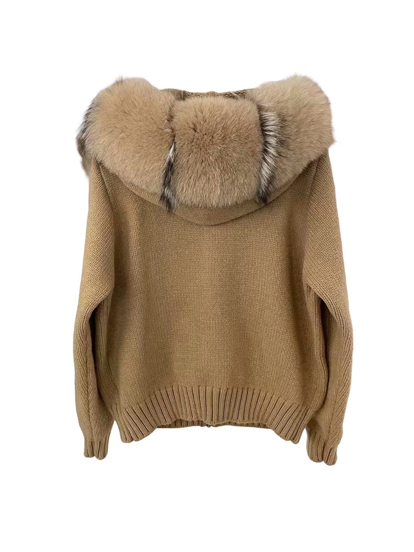 Strickhoodie "Zip" mit Echtpelz Kapuze Camel/Grau