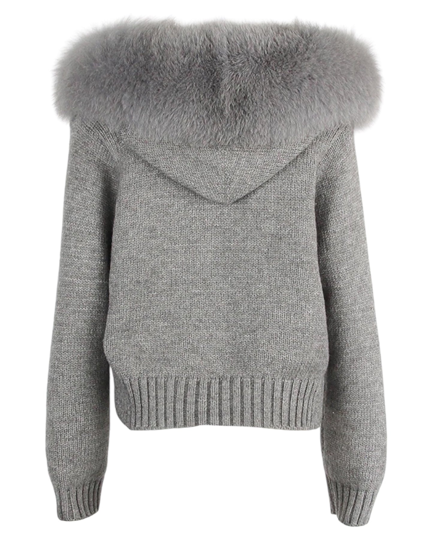 Knitted hoodie "Zip" with real fur hood grey