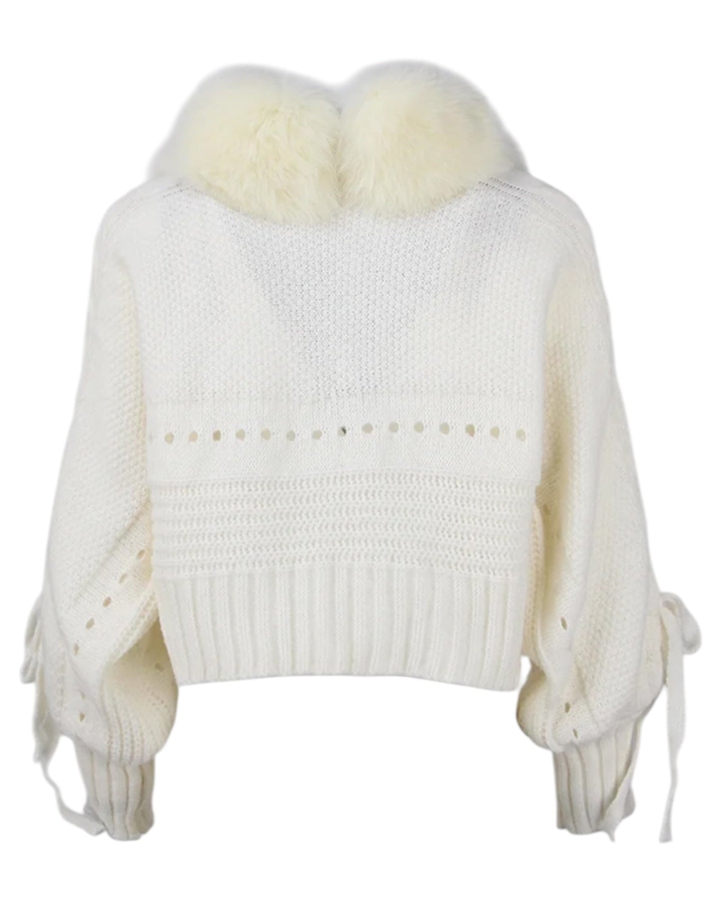 CARDIGAN EN LAINE « Yasi » avec col en fourrure véritable blanc cassé