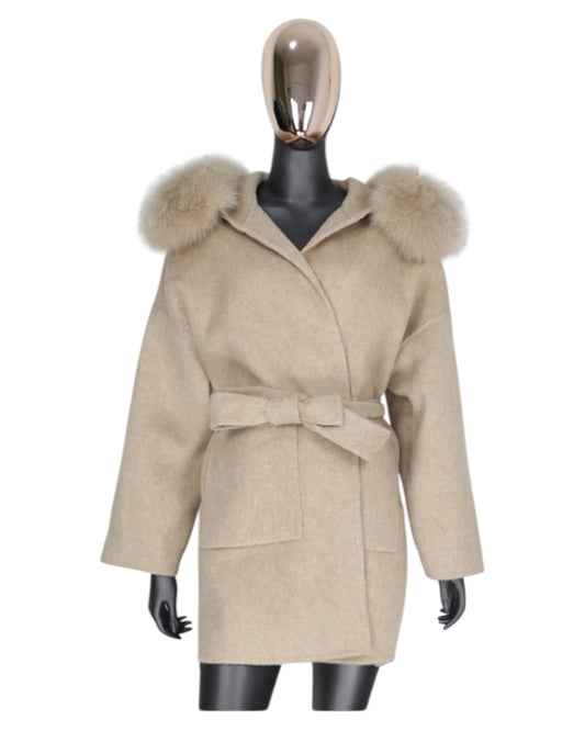 Kaschmir Mantel „Leya“ camel mit Echtpelz Kragen