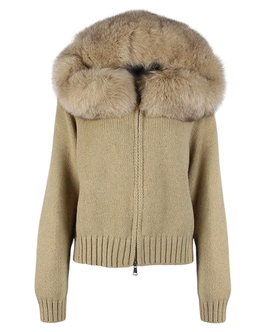 Strickhoodie "Zip" mit Echtpelz Kapuze braun