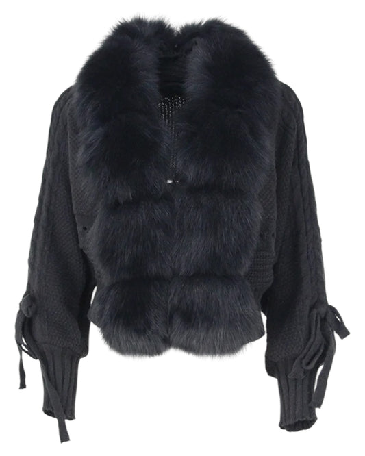 WOLLCARDIGAN "Yasi" mit Echtpelzkragen  black