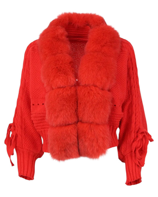 WOLLCARDIGAN "Yasi" mit Echtpelzkragen  rot
