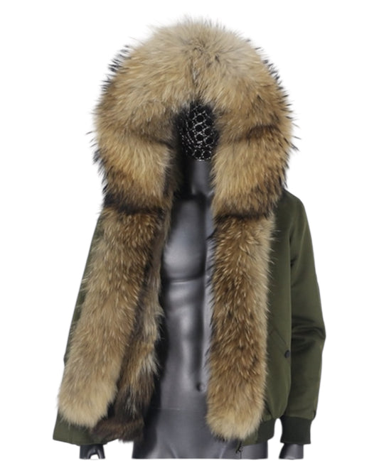 Männer Bomberjacke mit Echtfell Pelztresse khaki