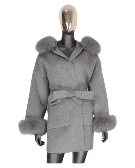 Cashmere coat “Katy” grey with real fur collar