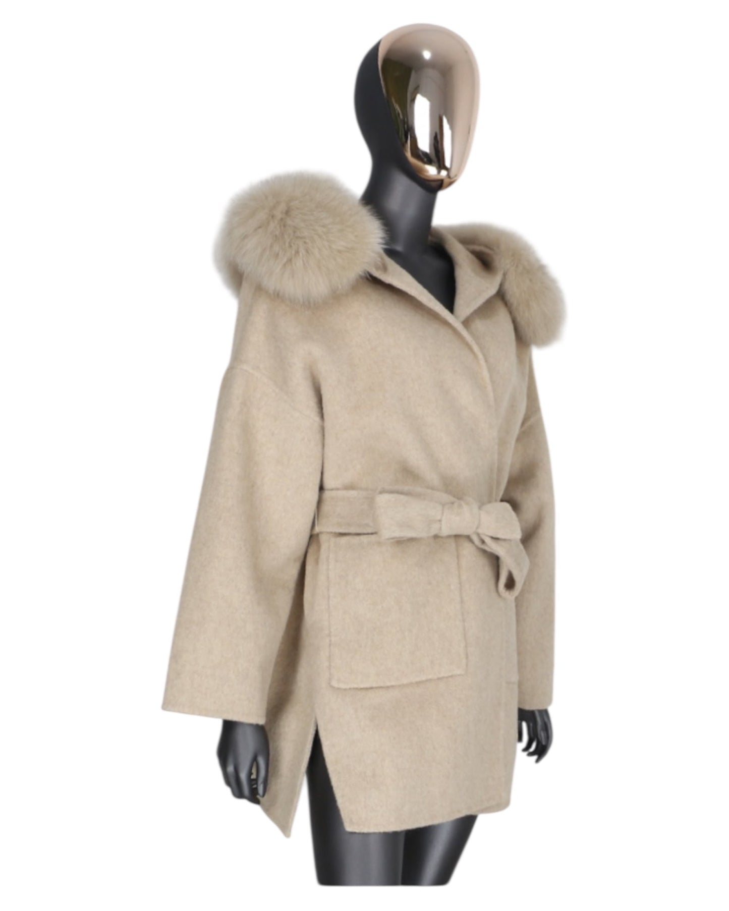 Manteau en cachemire « Leya » camel avec col en fourrure véritable