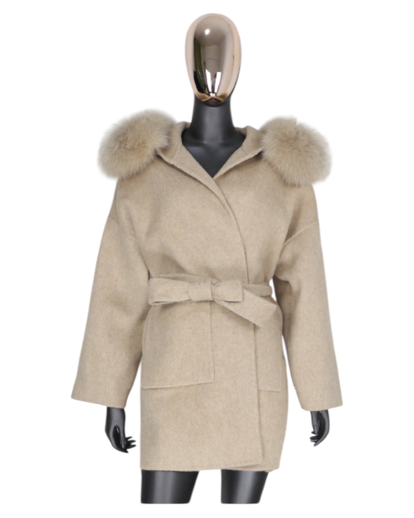 Manteau en cachemire « Leya » camel avec col en fourrure véritable