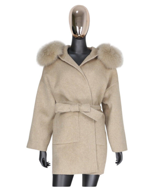 Cashmere coat “Leya” Off White with real fur collar