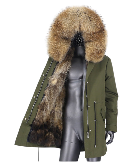 Luxury Real Fur Men's Parka, Khaki Fox