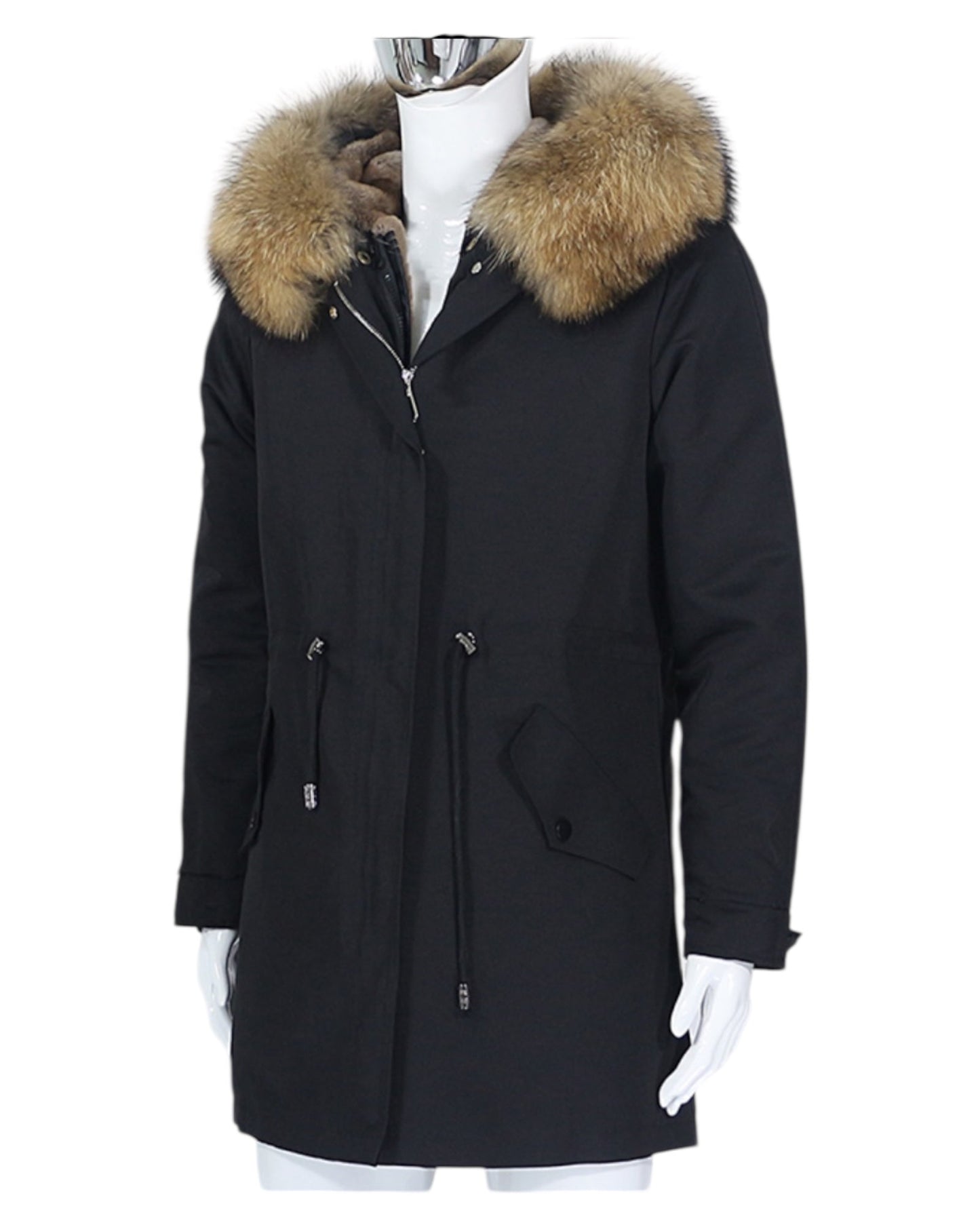 Luxury real fur men's parka with rabbit fur lining black
