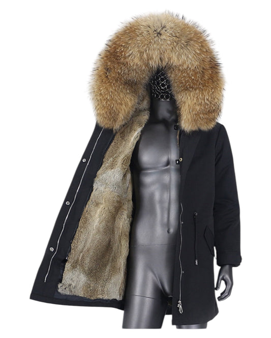 Luxury real fur men's parka with rabbit fur lining black