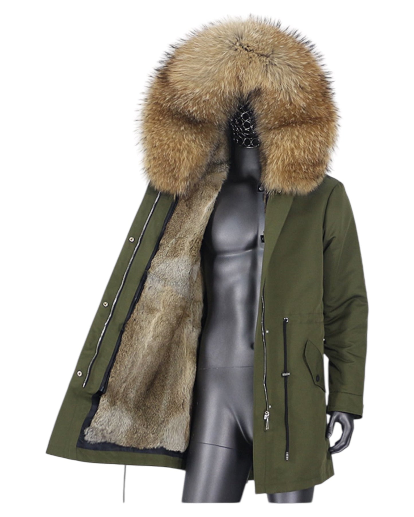 Luxury real fur men's parka with rabbit fur lining khaki