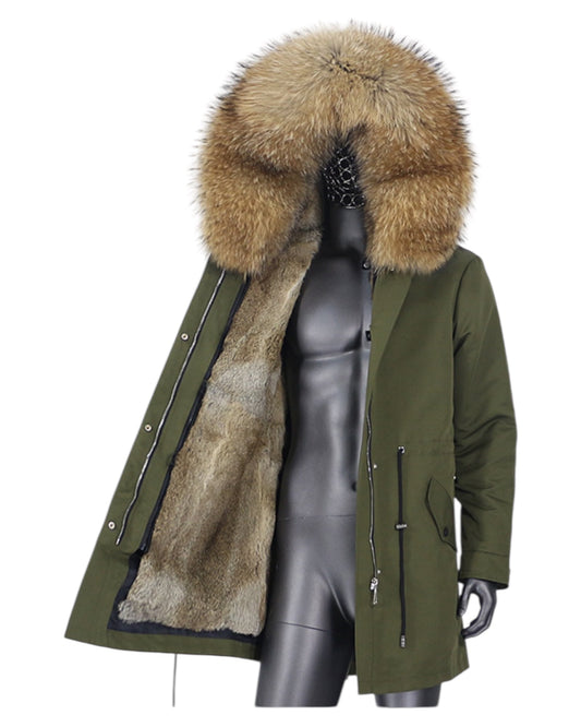 Luxury real fur men's parka with rabbit fur lining khaki