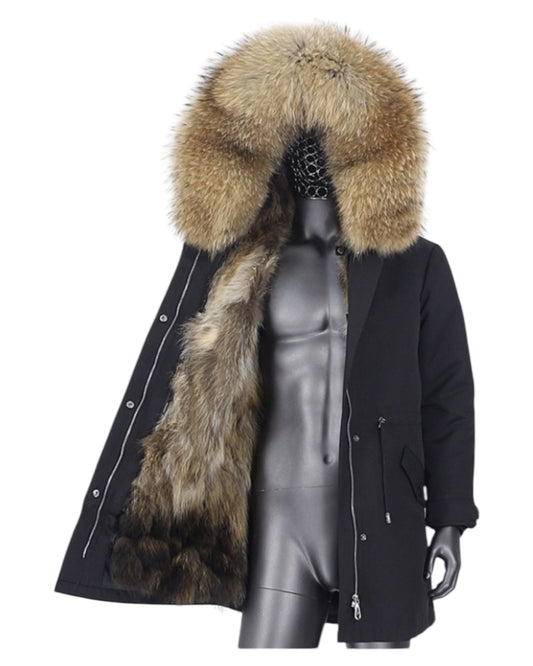 Luxury men's real fur parka black