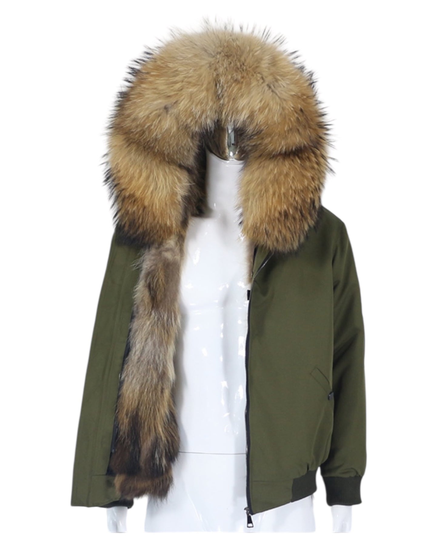 Men's bomber jacket with real fur khaki
