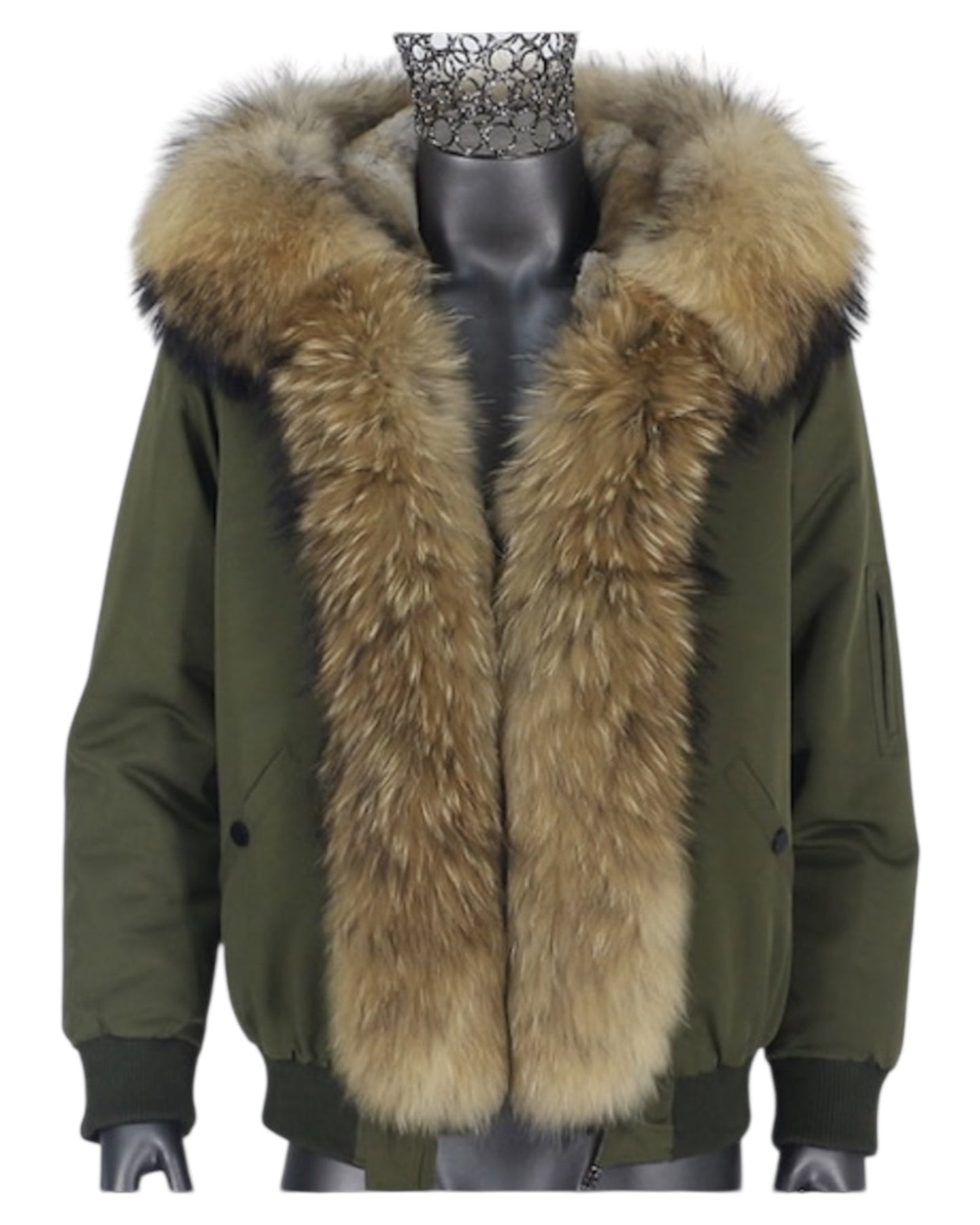 Men's bomber jacket with real fur braid khaki