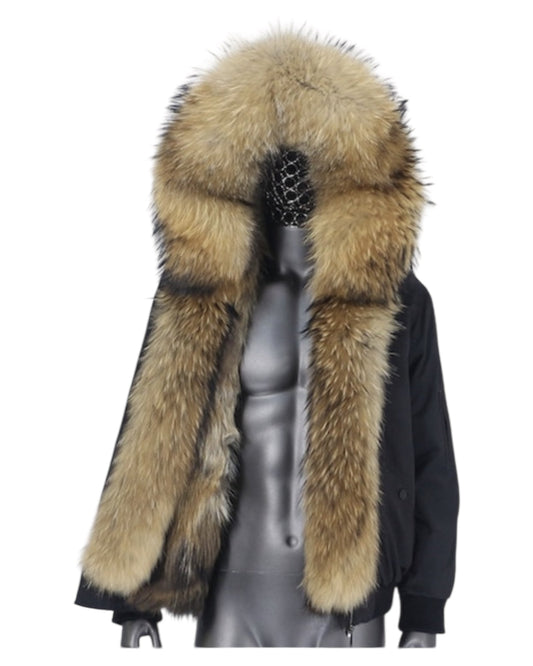 Men's bomber jacket with real fur braid black