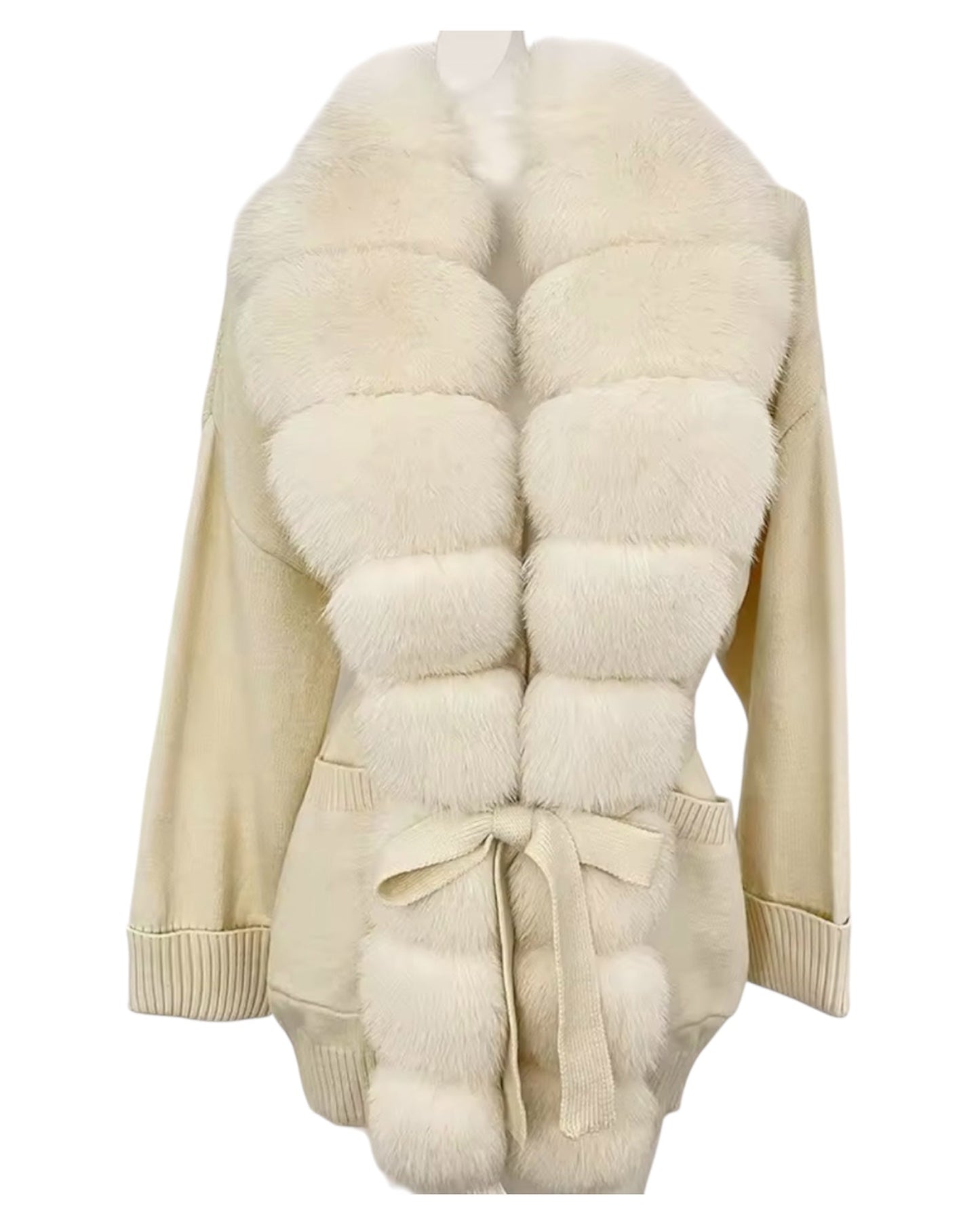 Strick-Cardigan "Gigi" mit langem XXL-Pelzkragen creme