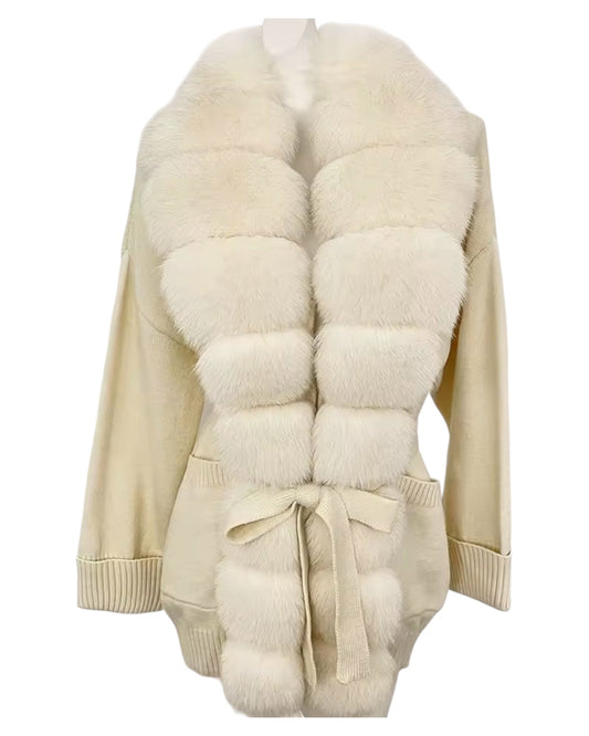 Strick-Cardigan "Gigi" mit langem XXL-Pelzkragen creme