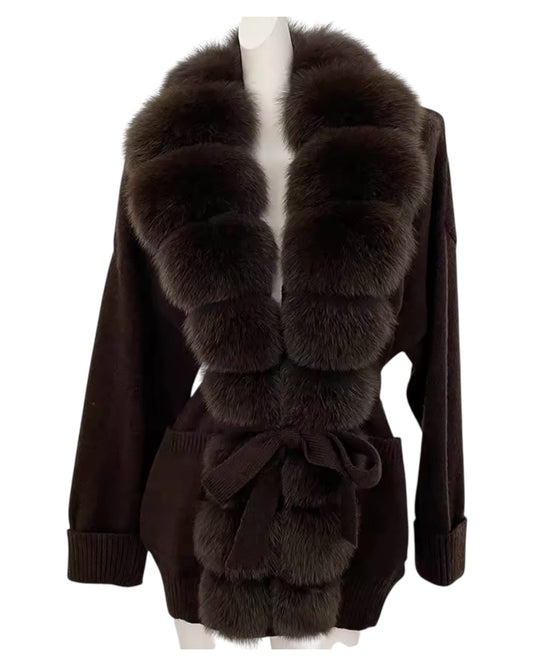 Strick-Cardigan "Gigi" mit langem XXL-Pelzkragen dunkelbraun