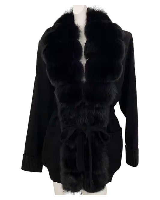 Strick-Cardigan "Gigi" mit langem XXL-Pelzkragen schwarz