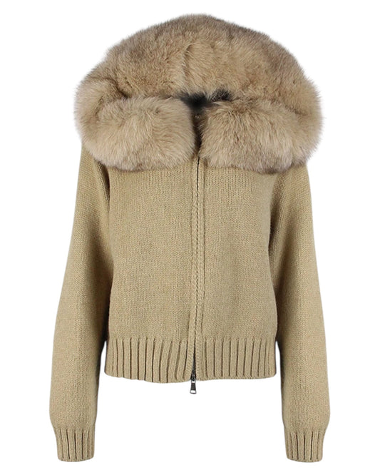 Knitted hoodie "Zip" with real fur hood grey