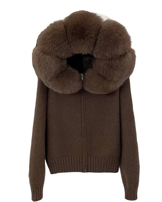 Strickhoodie "Zip" mit Echtpelz Kapuze braun