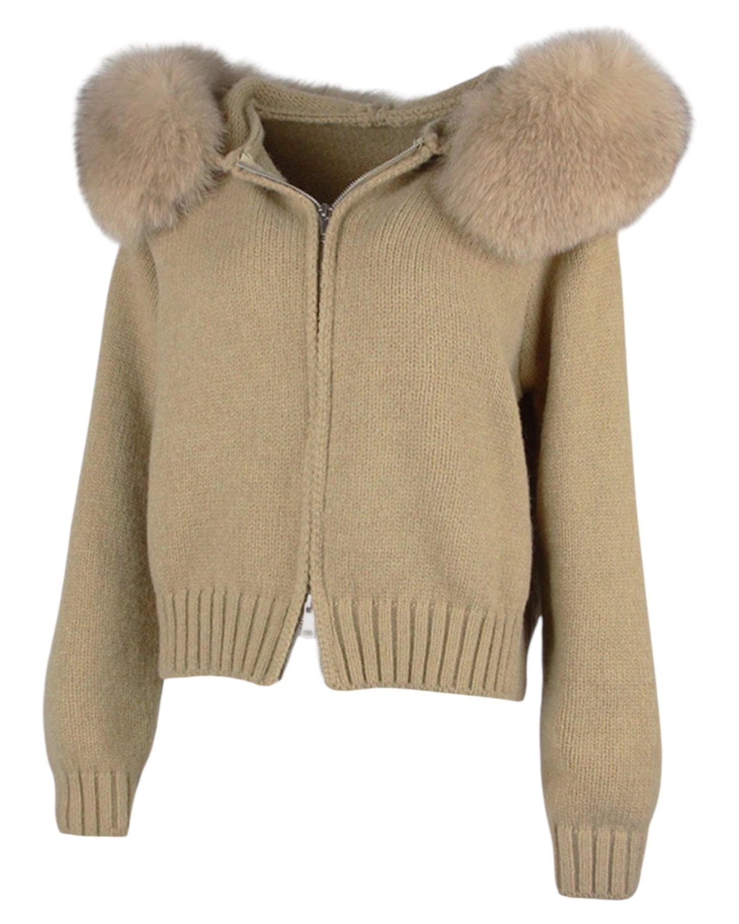 Sweat à capuche tricoté "Zip" avec capuche en fourrure véritable marron