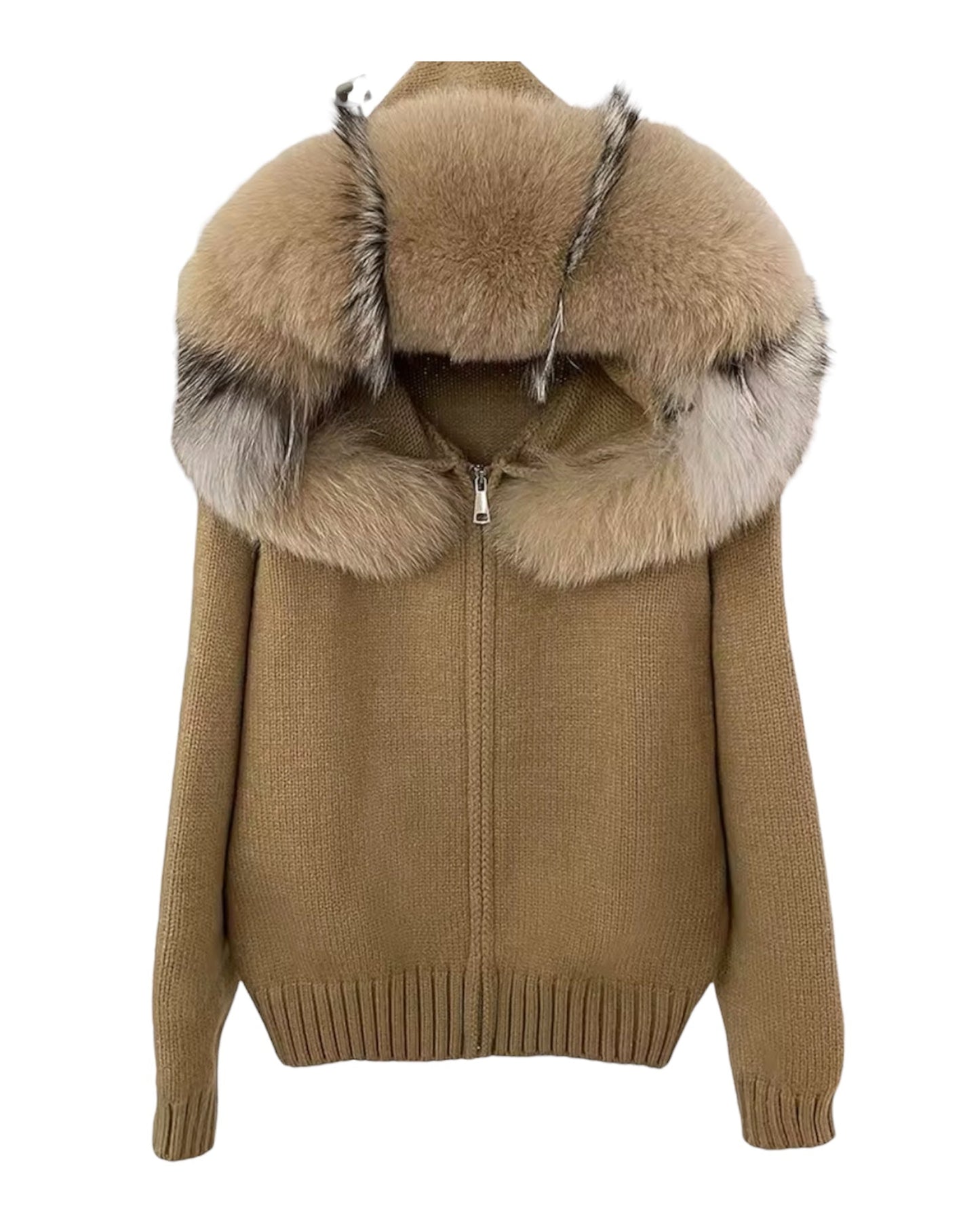 Strickhoodie "Zip" mit Echtpelz Kapuze Camel/Grau