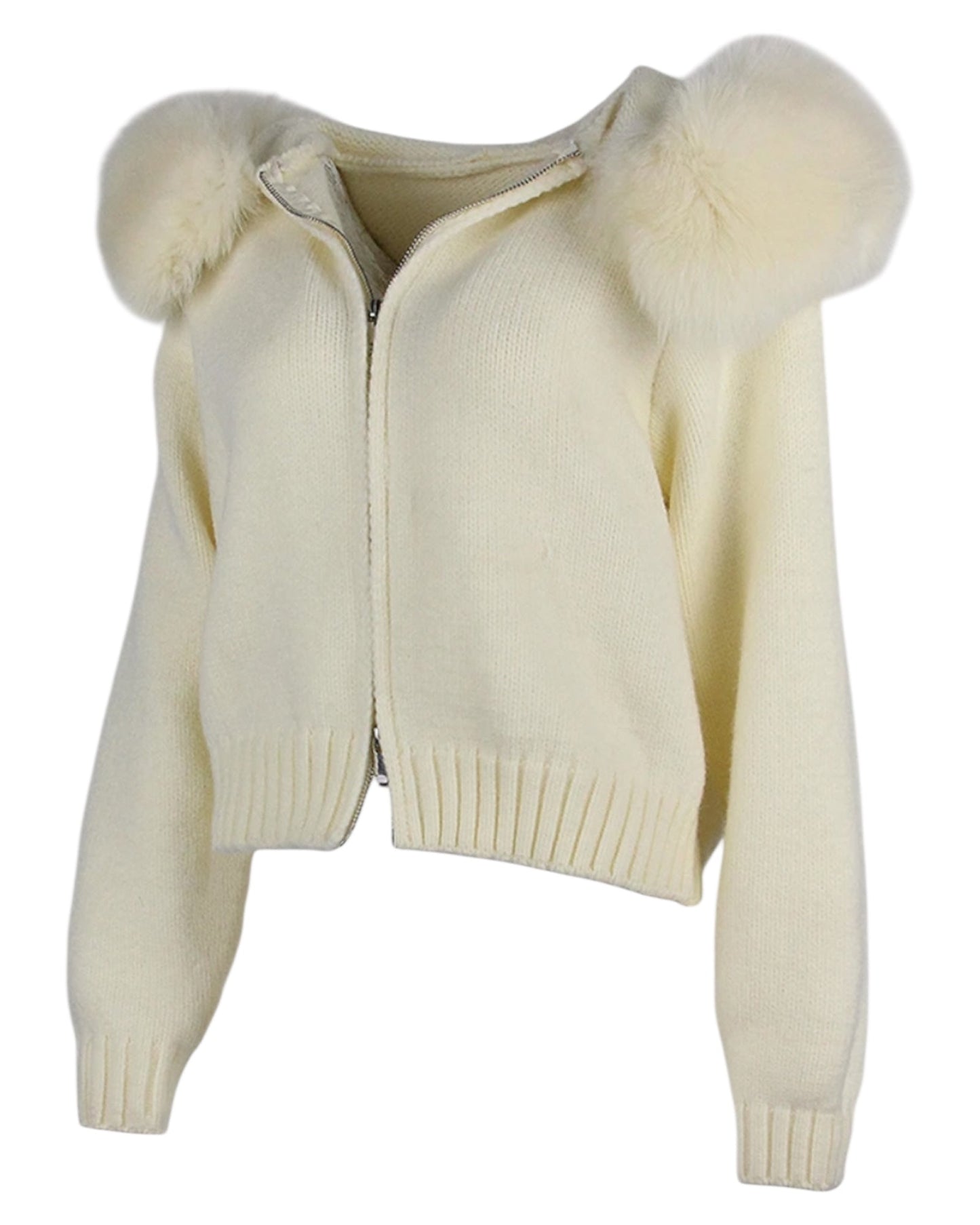 Knitted hoodie "Zip" with real fur hood grey
