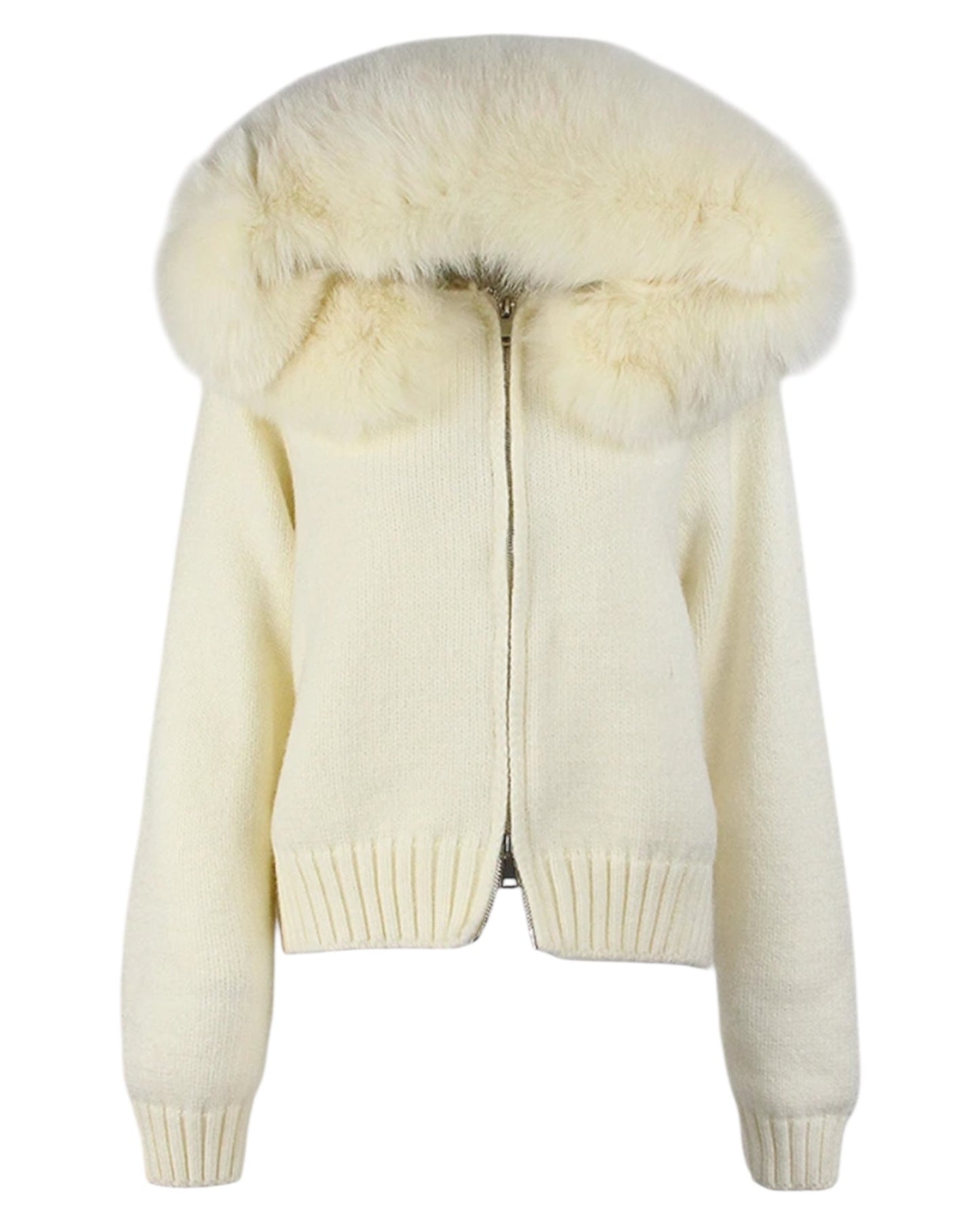 Knitted hoodie "Zip" with real fur hood grey