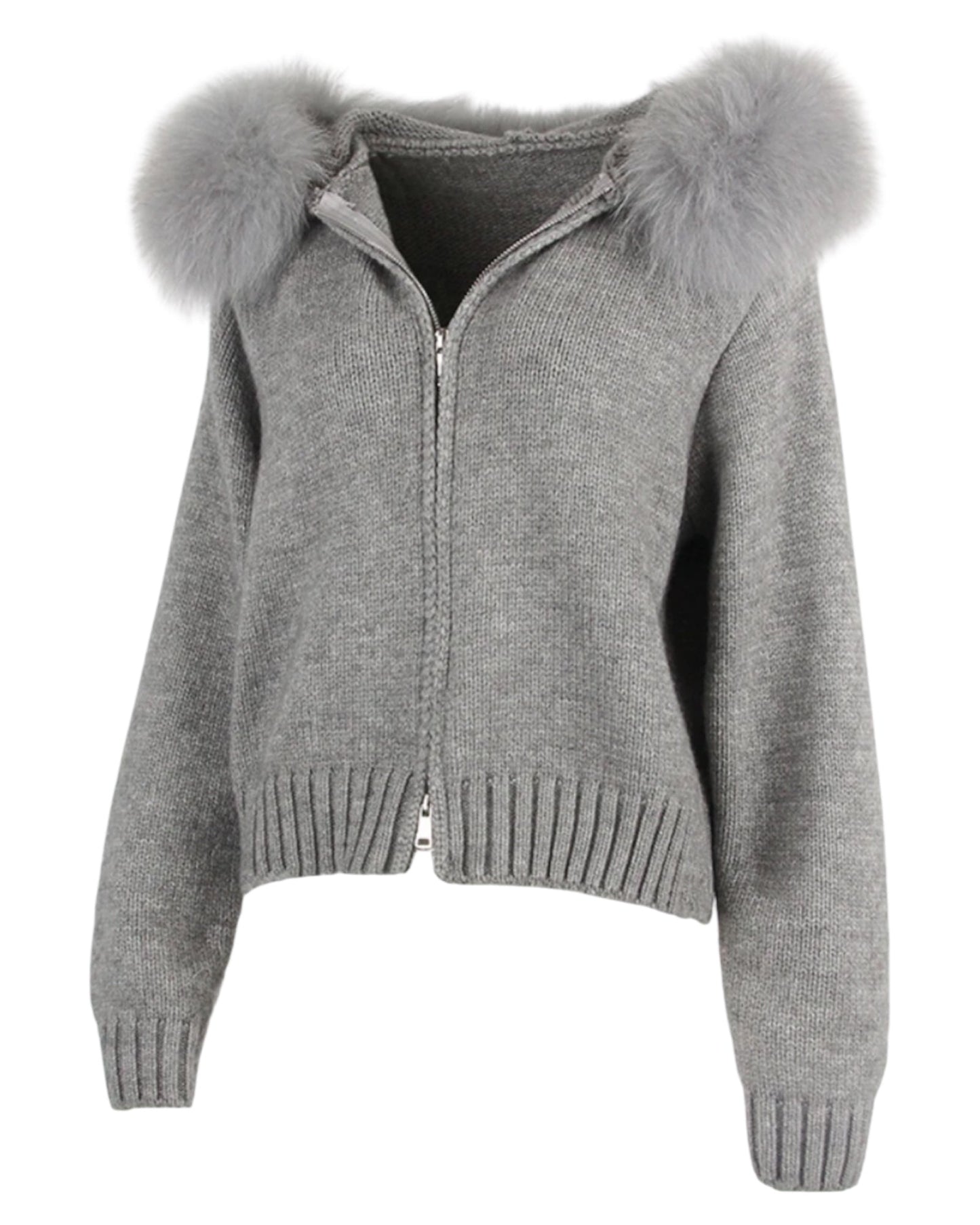 Knitted hoodie "Zip" with real fur hood grey