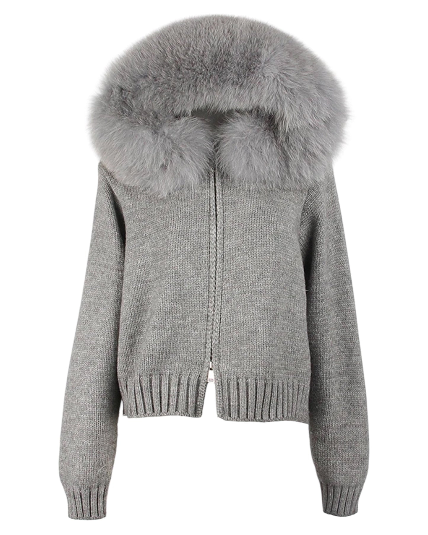 Knitted hoodie "Zip" with real fur hood grey