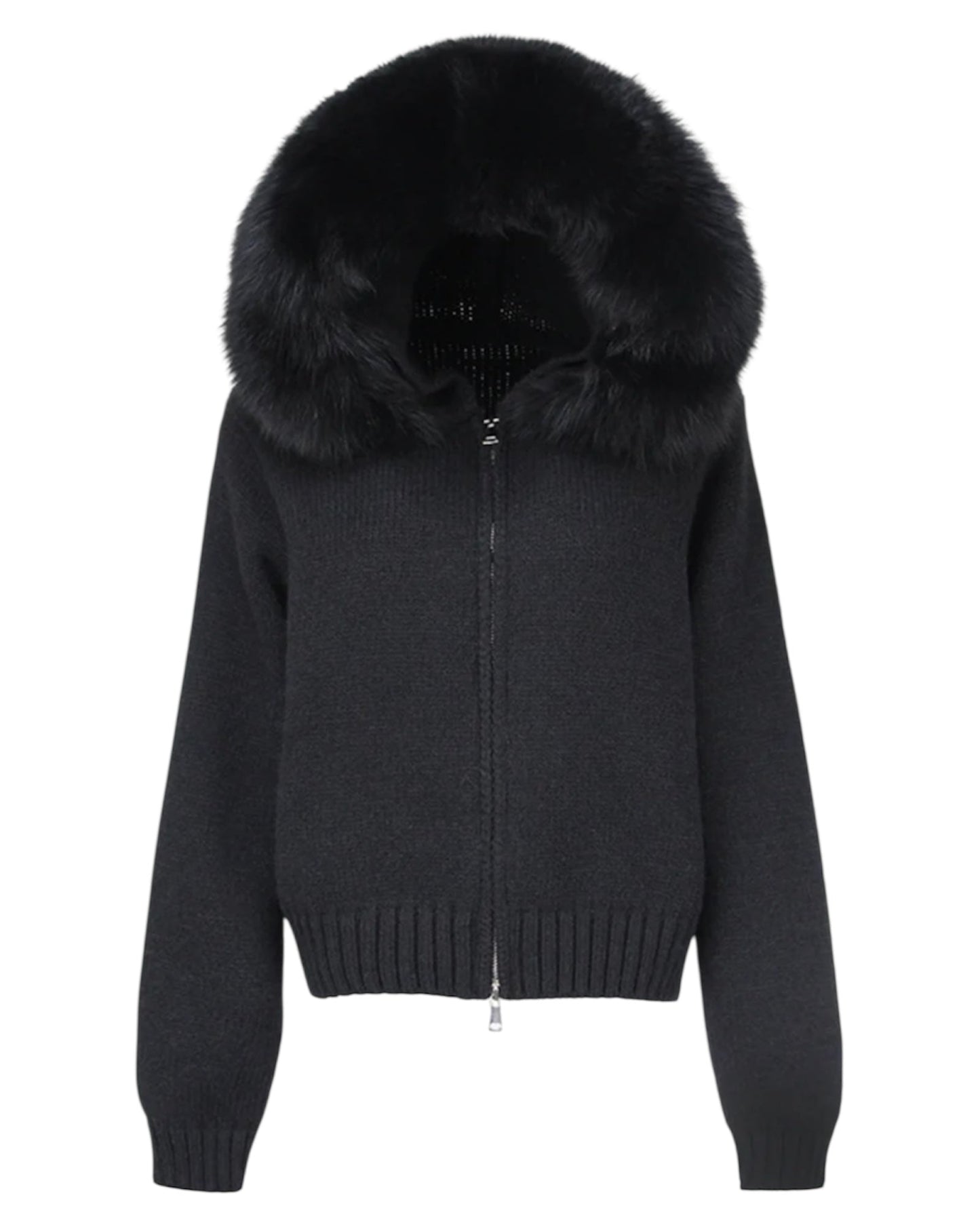 Knitted hoodie "Zip" with real fur hood grey