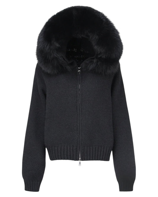 Knitted hoodie "Zip" with real fur hood grey