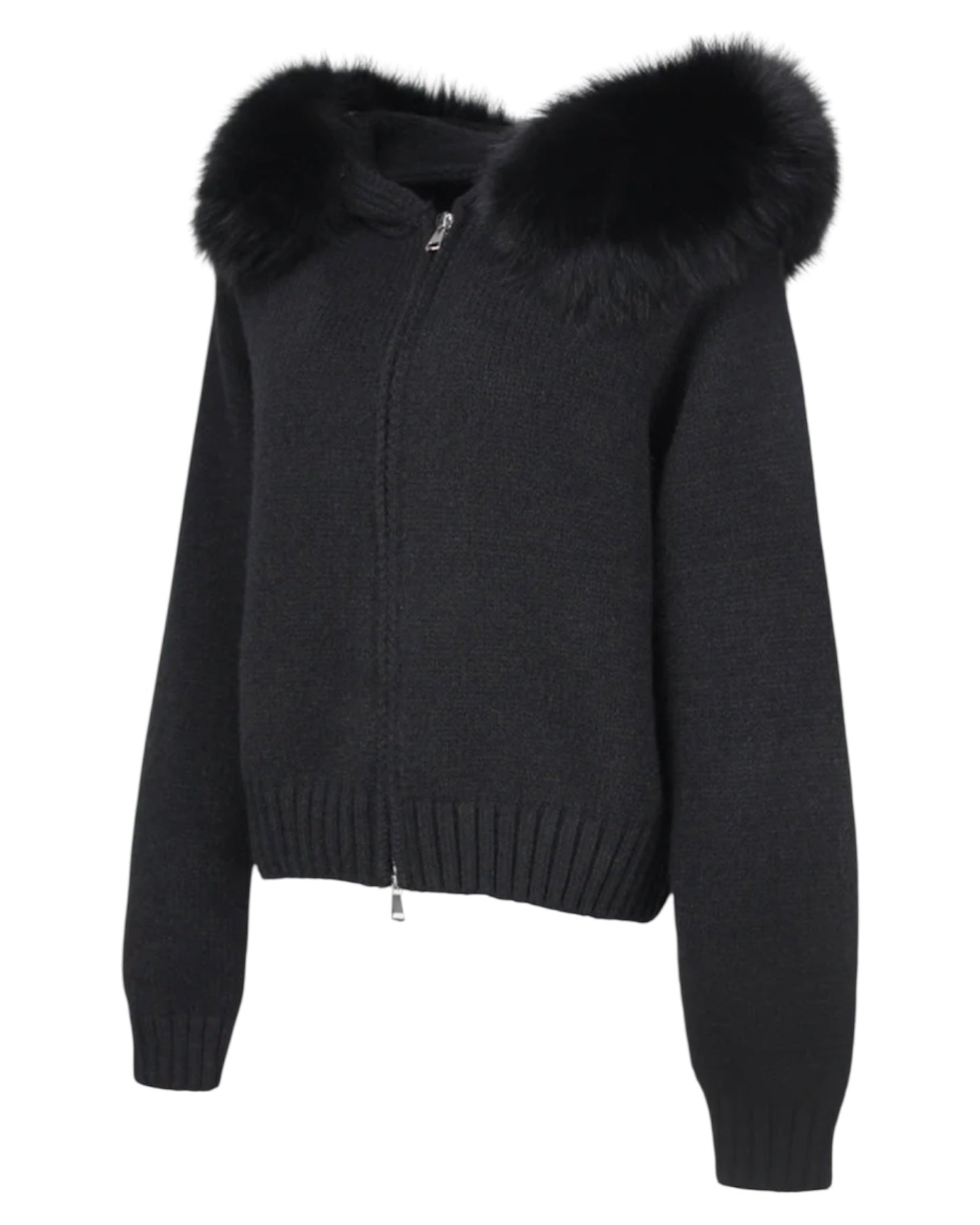 Knitted hoodie "Zip" with real fur hood grey