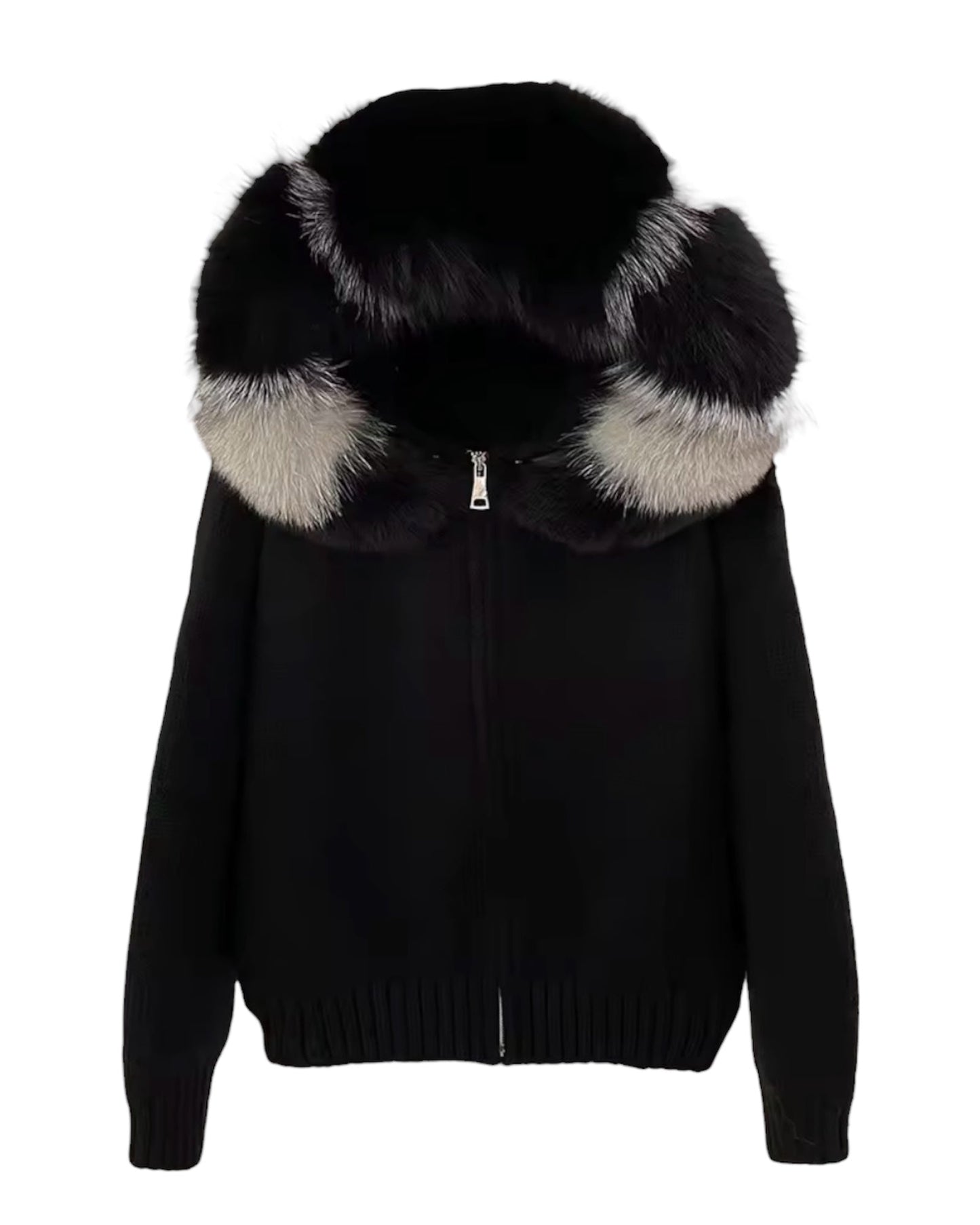 Strickhoodie "Zip" mit Echtpelz Kapuze schwarz/grau