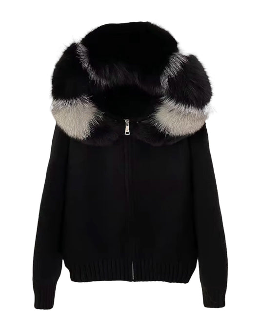 Strickhoodie "Zip" mit Echtpelz Kapuze schwarz/grau