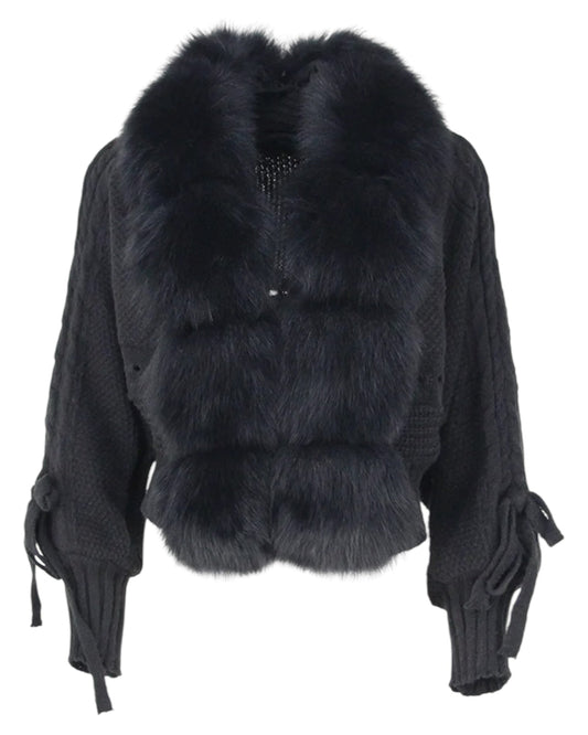 WOOL CARDIGAN "Yasi" with real fur collar black
