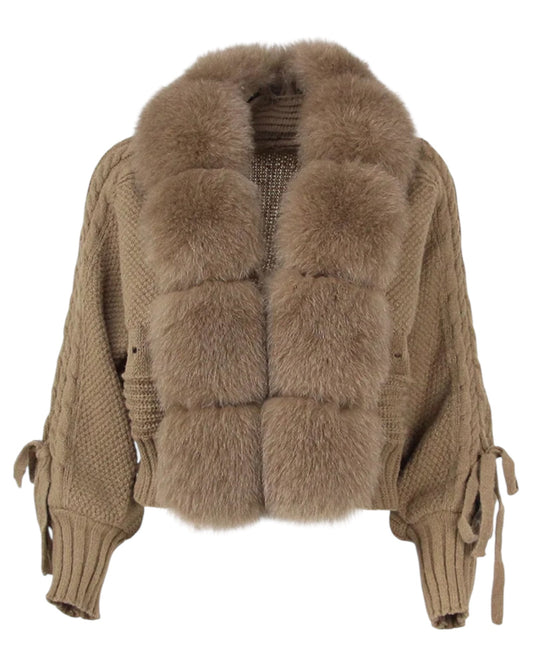 WOOL CARDIGAN "Yasi" with real fur collar black