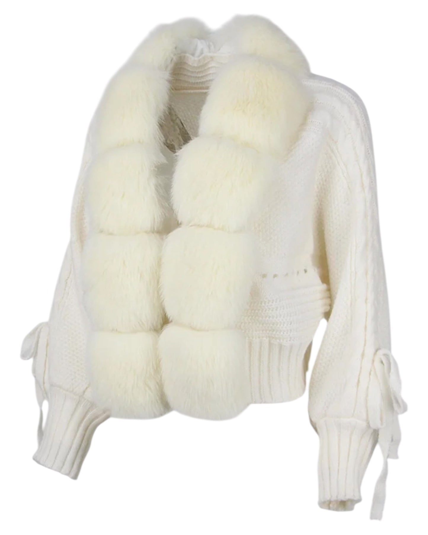 CARDIGAN EN LAINE « Yasi » avec col en fourrure véritable blanc cassé