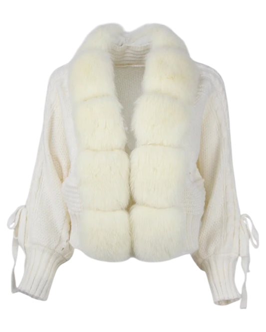WOOL CARDIGAN "Yasi" with real fur collar black